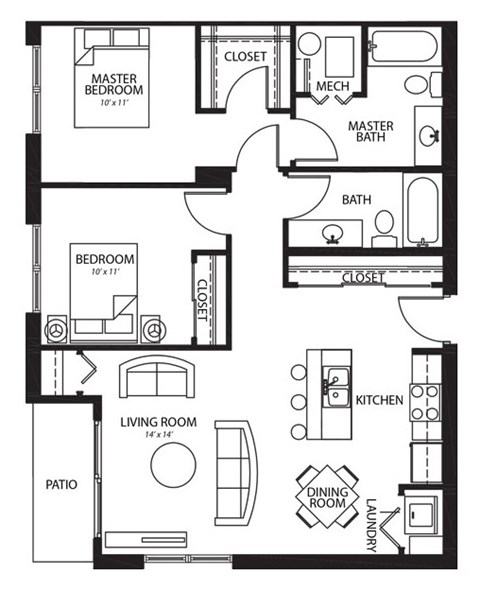Floor plan for 2 beds, 2 baths, 970 sqft